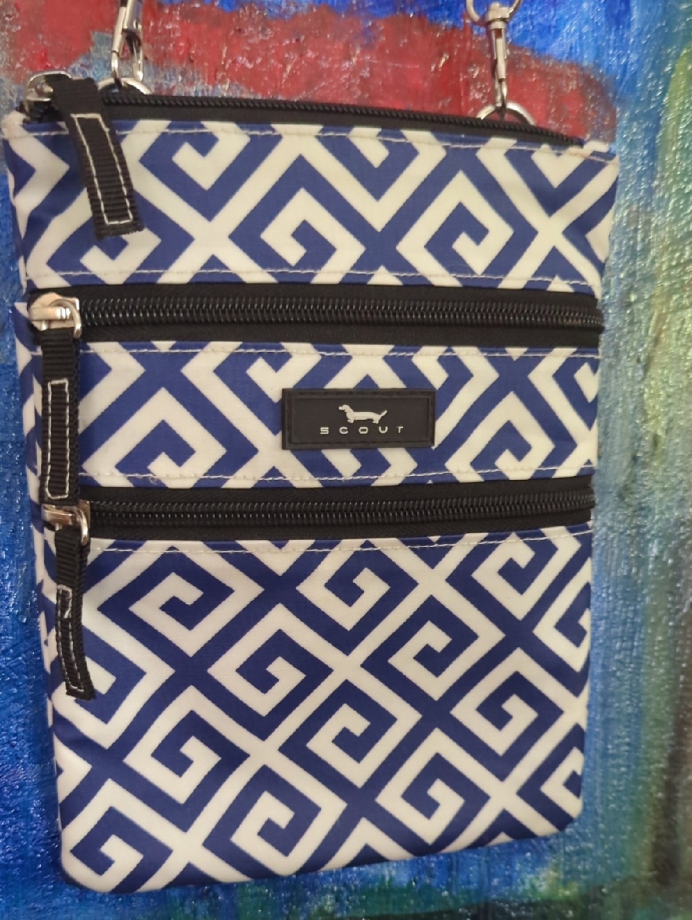 Scout Sally Go Lightly crossbody bag featuring navy blue & white geometric Print
